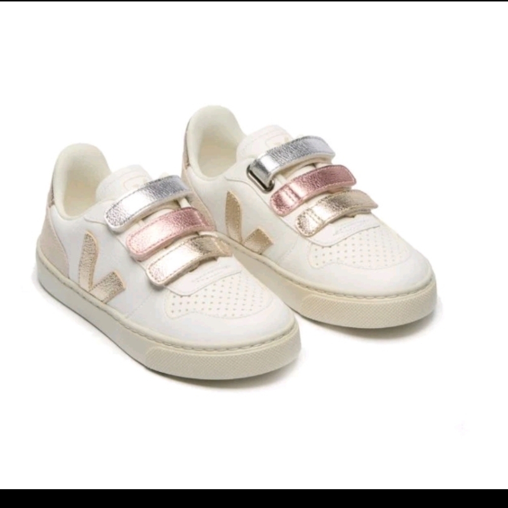 Veja Kids V-10 Leather Mixed Metals Velcro Designer Shoe 6